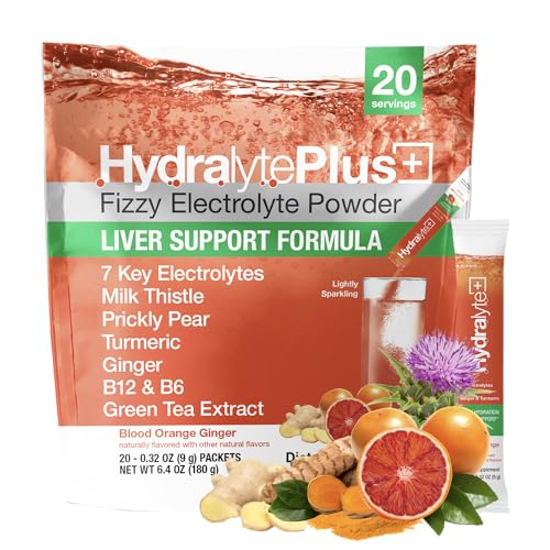 Hydralyte Liver Support + Electrolyte Mix with Milk Thistle, Turmeric, Ginger, Prickly Pear, Green Tea Extract Formulated for Rapid Rehydration and Liver Detox for Mornings After, 20 Count Pouch