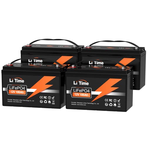 LiTime 12V 100Ah LiFePO4 Lithium Battery Built-in 100A BMS, 1280Wh Output Power, 4000-15000 Deep Cycles Backup Power, Perfect for RV, Solar, Marine, Home Energy Storage (4 Packs)