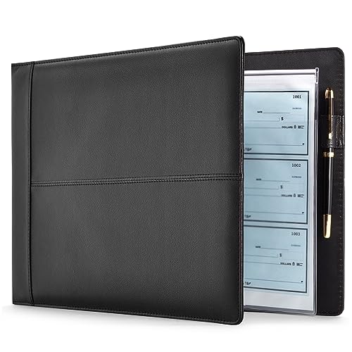 7-Ring Business Check Binder for Checkbooks Organization, Financial Records, Personal and Corporate Use, Black Faux Leather Folder for 600 Checks (14 x 10 Inches)