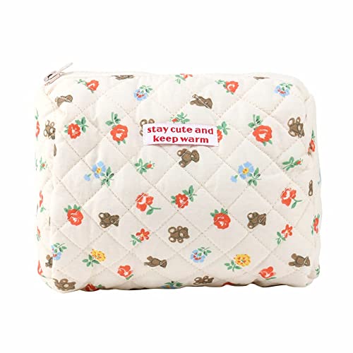 Donloise Kawaii Makeup Bag Cosmetic Case Cute Floral Storage Organizer with Handle Aesthetic Cartoon Zipper Toiletry Bag (Medium)