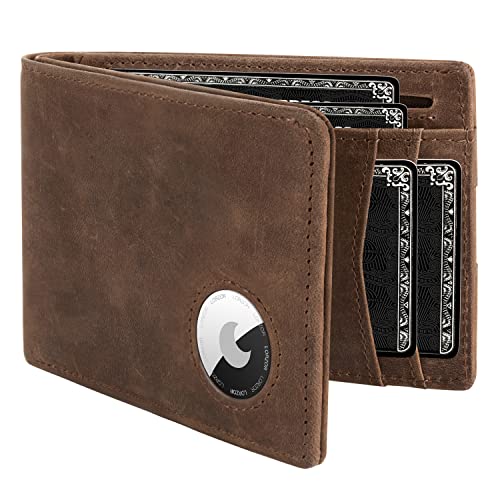 LORZOR AirTag Wallet - Minimalist Front Pocket Mens Wallet for Apple Air Tag, Full Grain Leather, Bifold RFID Blocking Air Tag Wallets for Men up to 12 Cards Gifts for Him (Air Tag Not included)