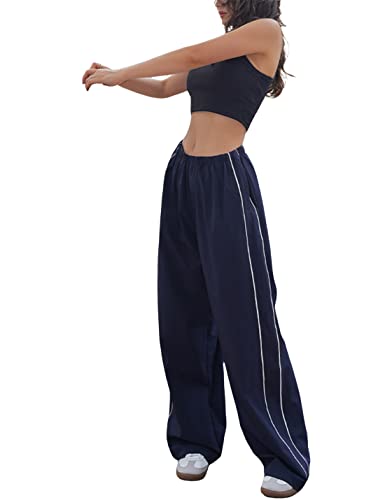 Springrain Womens Baggy Y2K Track Pants Parachute Pants Elastic Waist Sweatpants(Navy-S)