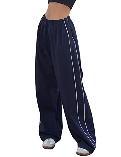 Himosyber Women's Parachute Pants Baggy Elasitc Waist Relaxed Y2K Track Pant Trousers (Navy-S)