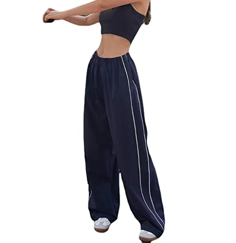 MANGMAO Womens Y2k Track Pants Y2k Clothing Parachute Pants High Waisted Cargo Pants with Pockets Trendy Baggy Sweatpants (Navy,S,Small)