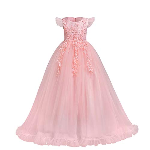 Flower Girls Dress Bridesmaid Wedding Pageant Party Princess Communion Floral Boho Vintage Lace Dance Maxi Gown for Kids Blush Pink 7-8 Years