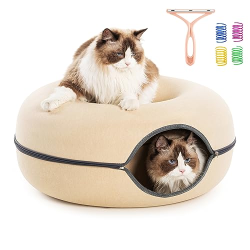 Cat Tunnel Bed Large for Indoor Cats All Seasons Cat Condo Cat Cave Cat Donut Bed with Pet Hair Remover Fur Removal Tool Cat Spring Toy (24 in * 24 in* 11 in)