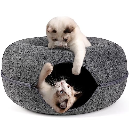 Bininl Peekaboo Cat Cave,Cat Tunnel Bed for Indoor Cats,Cat Donut Tunnel for Pet Cat House,Detachable Round Cat Felt & Washable Interior Cat Play Tunnel (20 Inch, Dark Grey)