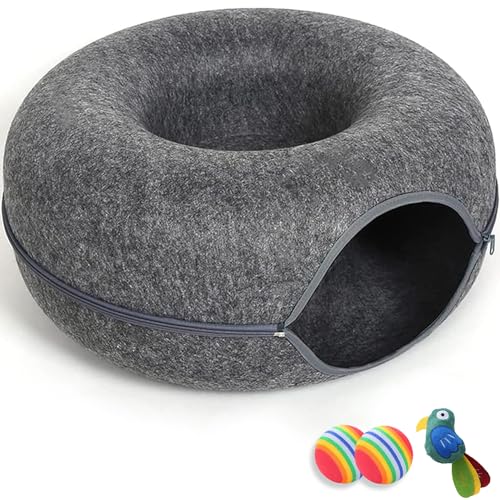 Cat Cave for Indoor Cats, Large Cat Donut Cat Tunnel Bed, Peekaboo Cat Cave with 3 Toys, Scratch Resistant Cat Bed, for Cats up to 10 Lbs