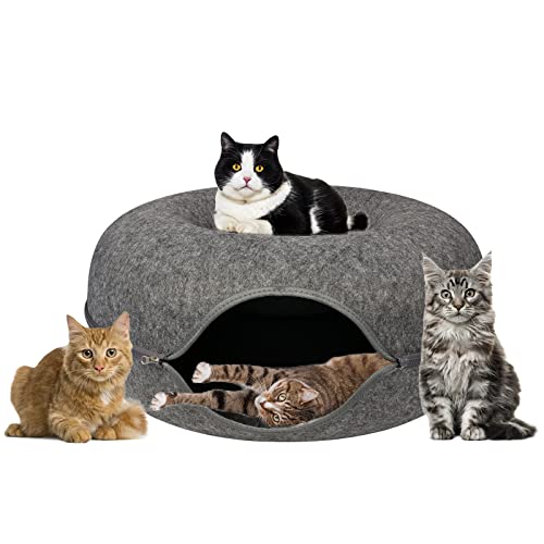 Cat Tunnel Bed, Cat Tunnels for Indoor Cats Large, Peekaboo Cat Cave, Cat Hideaway Folded Cat Donut Tunnel, Detachable Round Felt & Washable Interior Cat House (20 in * 20 in* 9 in Medium) Dark Gray