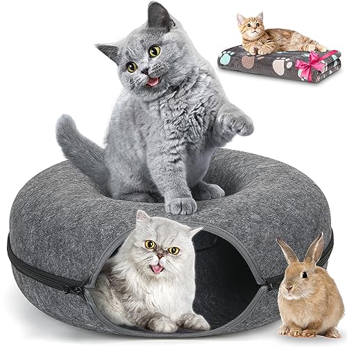 HOMAGICO Cat Tunnel Bed,Peekaboo Cat Cave with Pet Blanket,Detachable Donut Tunnels for Indoor Cats,Cat Tunnel Toy,Felt Round Cat Bed Suitable for Small to Large Cats(24in,Dark Grey,Cat up to 22 lbs)