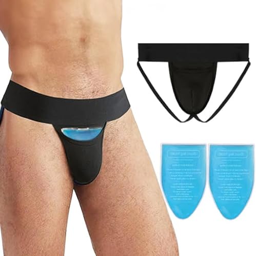 SAVOVUX Vasectomy Jockstrap,With 2 Flexible Ice Packs,Athletic Supporters JockStraps For Testicular Support and Pain Relief,Vasectomy Gift for Men (Large) Black