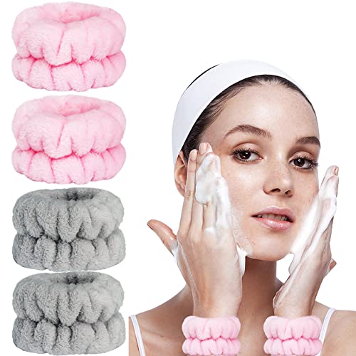 4pcs Wrist Towels for Washing Face,Face Washing Wristbands, Flannel Wrist Wash Towel Band, Absorbent Wrist Bands for Washing Face, Stretchy Wrist Spa Washband, Wrist Wash Bands for Women, Girl, Men