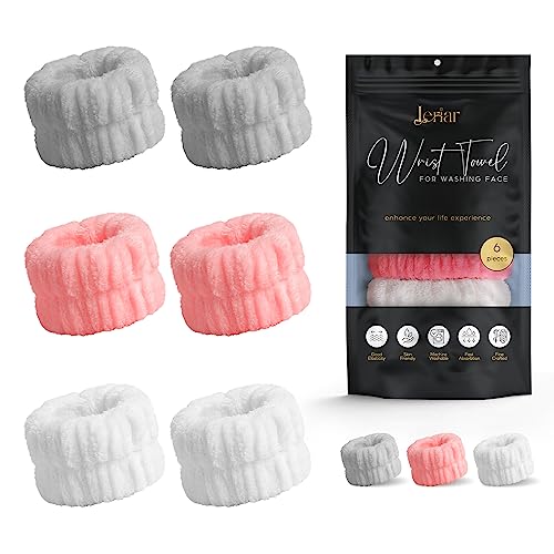 LERIAR 6Pcs Wrist Towels for Washing Face, Face Washing Microfiber Wristbands, Absorbent Spa Wrist Wash Bands, Wrist Cuffs Sweatband for Women Girls Prevent Water from Spilling (Grey, Rose, White)