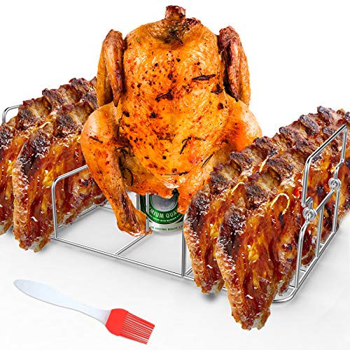 RUSFOL Stainless Steel Beercan Chicken Roaster and Rib Rack with a Silicone Oil Brush, Rectangle BBQ Stand for Smoker,Oven and Grill, Hold Up to a Whole Chicken and 4 Ribs at a time