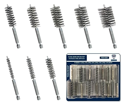 Stainless-Steel Bore Brush [8-Size Set] Wire Brush for Power Drill, Metal Cleaning Brushes, 1(1/8) to 1/4-inch Diameter in 1/8-in increments (or 29, 26, 22, 19, 16, 13, 10, 7 mm), (1/4-in Hex Shaft)