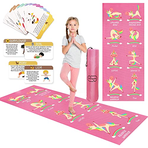 Garybank Kids Yoga Mat with 12 Learning Cards Pink Unicorn Yoga Mat for Girls Non-Slip Non-Toxic Gymnastics Mats Yoga Carrier Bag, Thick Workout Equipment for Kids, 60''Lx 24''Wx 6mm