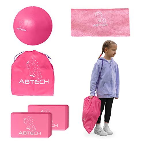 ABTECH Unicorn Yoga Starter Kit for Kids - Two Yoga Blocks, One Yoga Ball with Pump, Non-Slip Yoga Towel, & Unicorn Design Drawstring Bag - Pink Yoga Set for Girls, Non-Toxic Chemical Free - for Ages 3-12