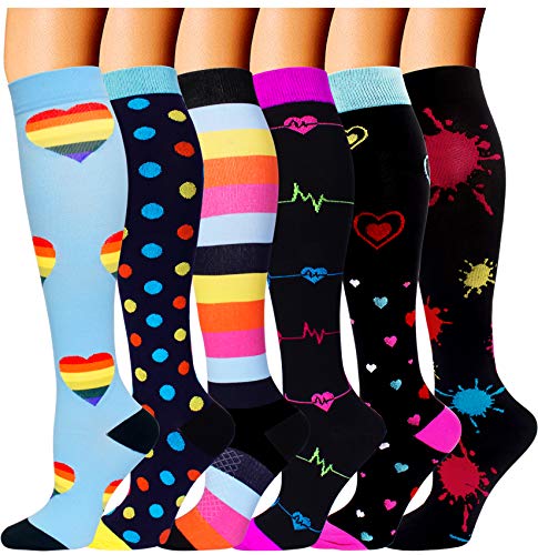 Double Couple 6 Pairs Compression Socks Women Men 20-30 mmHg Knee High Compression Stockings for Athletic Flight Travel Nurses Pregnancy