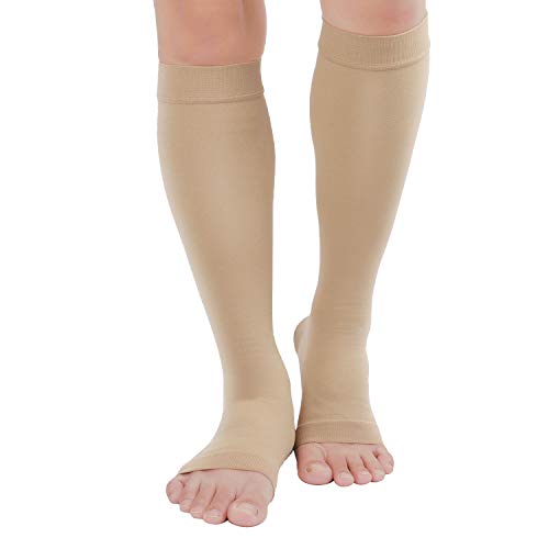 TOFLY Compression Stockings (Pair), Grade Firm Support 20-30mmHg, Opaque, Unisex, Open Toe Knee High Compression Socks for Varicose Veins, Edema, Shin Splints, Nursing, Travel, Beige L