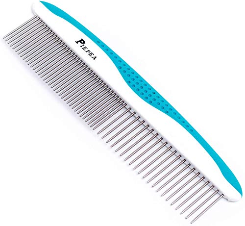 Piepea Pet Comb, Stainless Steel Teeth Comb for Dogs & Cats, Pet Hair Comb for Home Grooming Kit, Removes Knots, Mats and Tangles, 7 1/4"