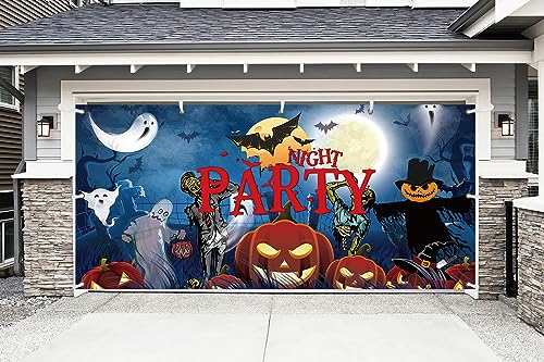 Happy Halloween Garage Door Banner Cover Decorations Large Halloween Pumpkin Ghost Party Photography Bloody Backdrop Creepy Bat Horror Mural Wall 6 x 13 ft,Night Party