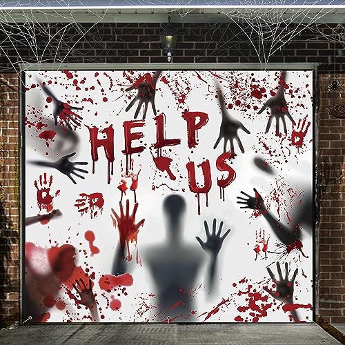 7x8 ft Halloween Garage Door Banner Decorations, Small Door Cover for Single Garage Door, Ghost Killer & Bloody Handprints - Outdoor Halloween Decor and Halloween Party Backdrop Decorations