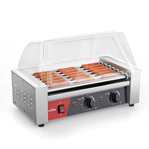 CROSSON 18 Hot Dog 7 Roller Grill Cooker Machine with Transparent Sneeze Guard,7 Nonstick 304SS Rollers and Dual Temp Control,Commercial Hot Dog Cooker Machine-120V, 830W