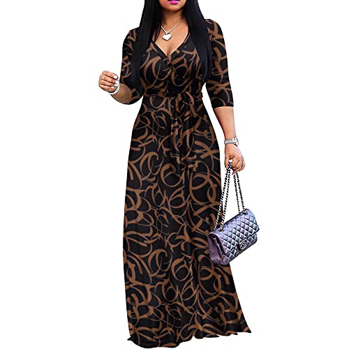 FANDEE Plus Size Maxi Dress for Women - Casual Summer Sundress V-Neck 3/4 Sleeve Brown Corrugated 3XL