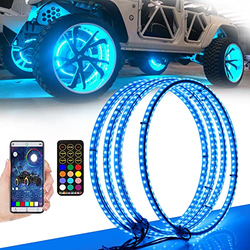 AddSafety 4PCS 15.5inch RGB LED Wheel Ring Light Kit Bluetooth Control w/Turn Signal and Braking Function can Controlled by Remote and APP(Double Row)