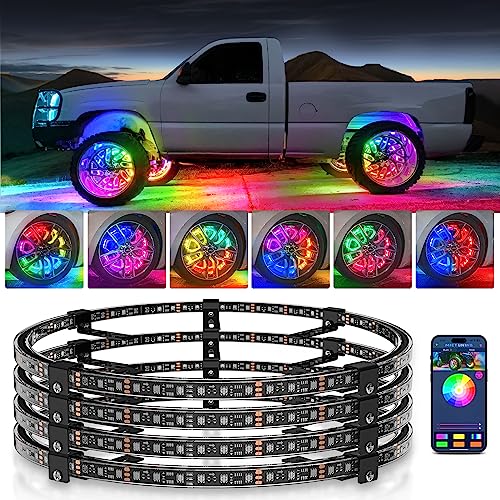 MICTUNING 15inch V1 RGB+IC Chasing Color Wheel Ring Lights Kit with APP Control, Double-Row Dream Color Chasing Flow Neon Wheel Rim Lights with Turn Signal and Braking for Pickup Truck Car SUV