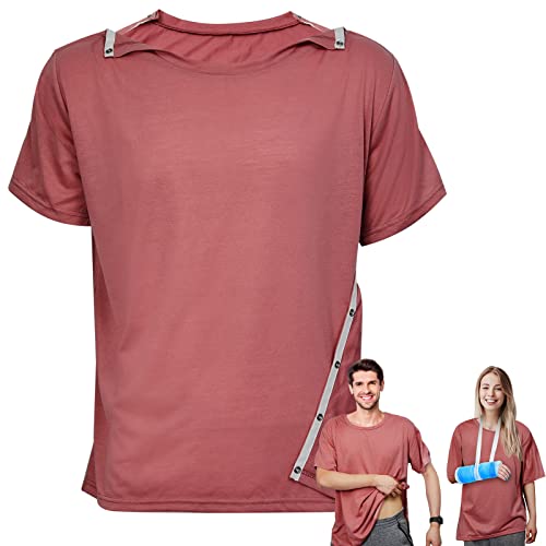Hercicy Post Surgery Shirt Unisex Shoulder Surgery Shirts Left and Right Side Snap Access Recovery T Shirt for Women Men (Red, X-Large)