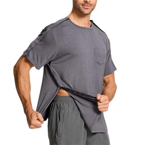 Post Shoulder Surgery Shirt for Men, Shoulder & Side Full Snap Post Surgery Sleeve Shirt with Premium Snap, Post Surgery Clothing for Chemo, Rotator Cuff Recovery, Dialysis, Kidney Surgery Dark Grey