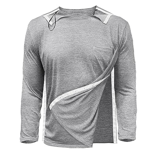 Unisex Post Shoulder Surgery Shirts Men Tearaway Recovery Long Sleeve Shirt Women Full Open Side Snap After Rotator Cuff Adaptive Clothing Light Grey M