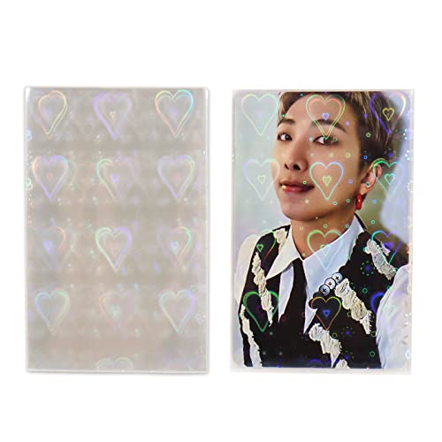 100PCS Holographic Card Sleeves Kpop Photocard Sleeves Mini Photo Protectors Fit Binder Pockets(56x88mm, Hearts)