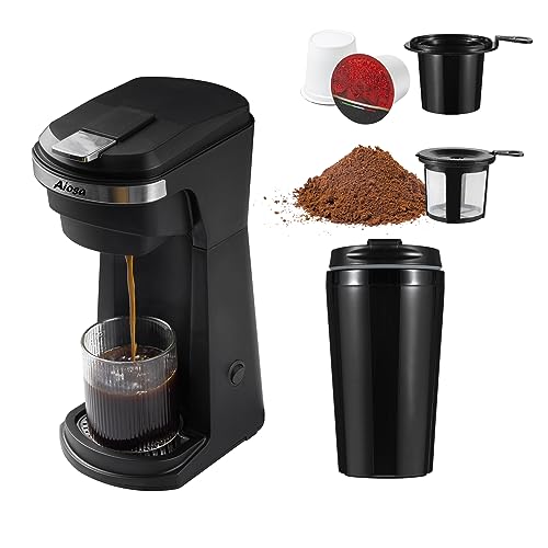 Aiosa Single Serve K Cup Coffee Maker And Ground Coffee Machine 2 in 1, 8 to 14 Oz Brew Sizes, Mini Personal One Cup Coffee Maker, Fits 7in.Travel Mug,Auto Shut Off,800W,Reusable Filter