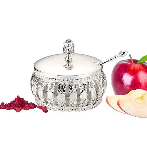 Rosh Hashanah Apple & Honey Dish Set Silver - Jewish New Year Hostess Party Favors Cooking Serving Kitchen Accessories Holiday Presents Shana Tova Table Decorations with Glass Insert & Metal Spoon!