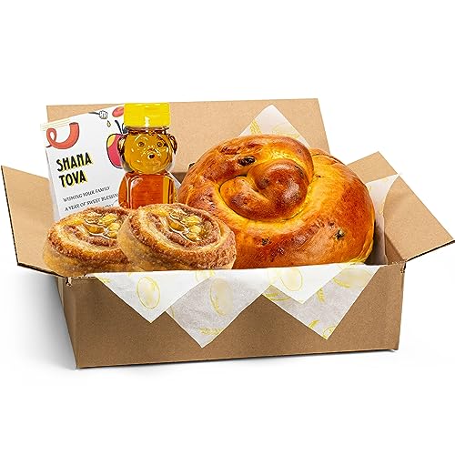 Rosh Hashanah Gifts | Kosher Gift Baskets from Stern's Bakery Includes-[1] Round RAISIN Challah Bread, Jar of Honey, Apple Cinnamon Fruit Danishes, Honey Cookies & Shanah Tovah Card