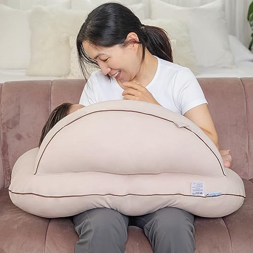 Pharmedoc Nursing Pillow for Breastfeeding - Breast Feeding Pillows with Safety Bumper & Adjustable Waist Straps - Removable Cover, Mocha - Baby Essentials for Newborn - Full Support for Mom & Baby