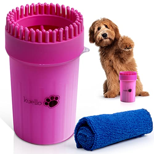 KUELLO Dog Paw Washer With Towel - Paw Cleaner for Dogs, Easy to Use, Ergonomic, and Comfortable Dog Muddy Paw Cleaner Cup, Dog Feet Cleaner (Medium, Pink)