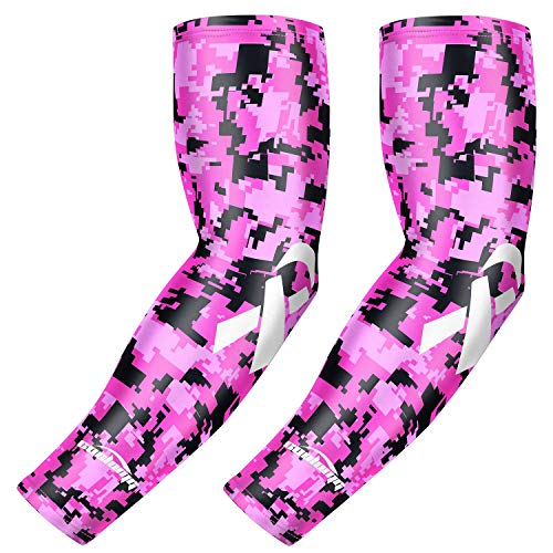 COOLOMG Pink Breast Cancer Arm Sleeves Digital Camo Baseball Football Compression Sleeves M