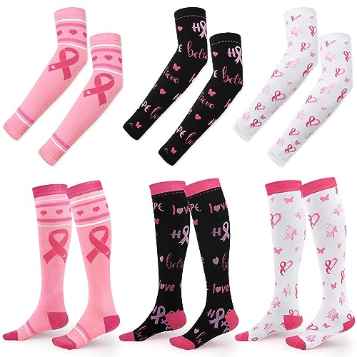 Vansolinne Pink Ribbon Breast Cancer Awareness Socks Arm Sleeves Breast Cancer Football High Socks Pink Arm Sleeves Breast Cancer Sport Pink Ribbon Accessories Gift 3 Pairs Sleeves 3 Pairs Socks