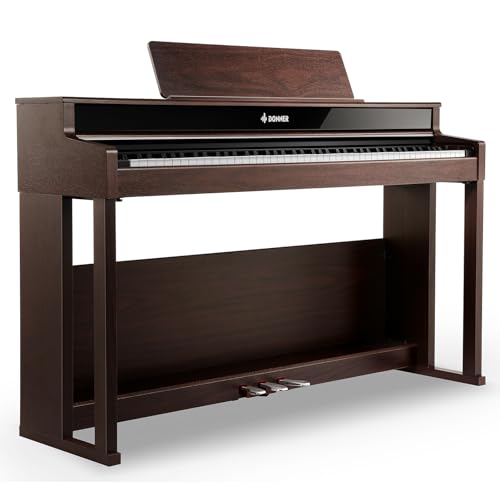 Donner DDP-400 Digital Piano with 88 Key Progressive Weighted Keyboard, Premium Upright Piano Keyboard for Professional, Bundle with Headphone, Bluetooth, Record,138 Tones,100 Rhythms, LCD, Brown