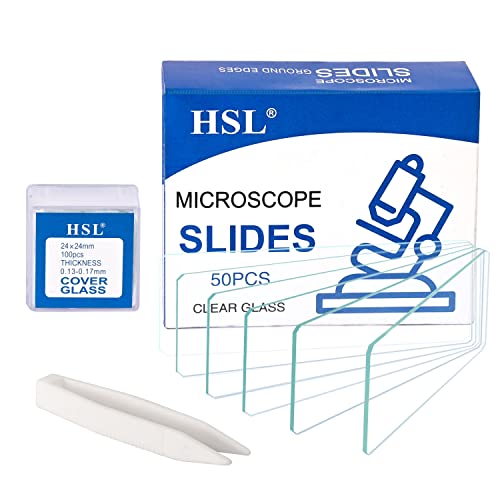 HSL Microscope Slides and Covers,24x24mm Square Cover Glass 100pcs and 50cps Blank Ground Edge Glass Slides for Monocular Binocular Trinocular Microscope lab coverslips Cover Slips Kids Adults