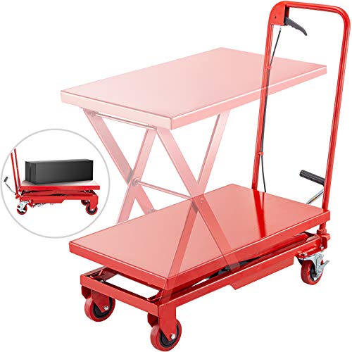 BestEquip Hydraulic Scissor 500LBS Capacity, Cart Lift Table Cart 28.5-Inch Lifting Height, Manual Scissor Lift Table w/ 4 Wheels and Foot Pump, Elevating Hydraulic Cart for Material Handling, in Red