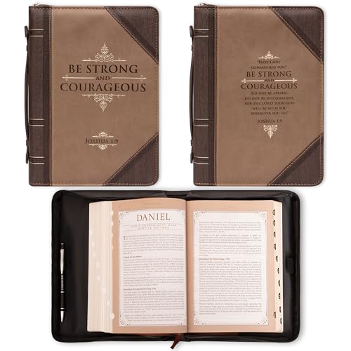 Christian Art Gifts Men's Classic Bible Cover Be Strong and Courageous Joshua 1:9, Brown Faux Leather, Large