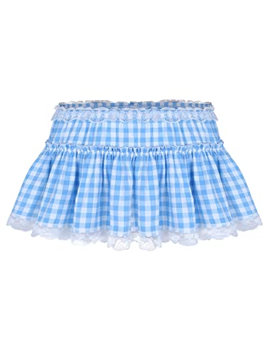 vastwit Unisex Women Ruffle Lace Pleated Gingham A-Line Mini Skirt Sissy Skirt for Crossdressing Men Light Blue X-Small