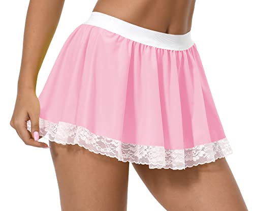 Afibi Women Mini Skirt Sexy Lace Ruffle Solid Skirt Lingerie Short Skater Skirt (X-Large, Pink)