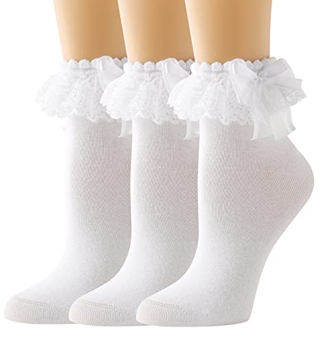 AMHRLINGTO Lace Ruffle Frilly Socks for Women - Lace Ankle Socks with Bow (White-3 Pairs)