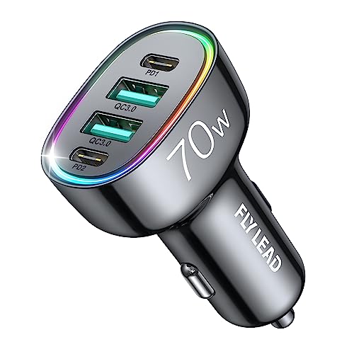 Fast Car Charger FLYLEAD 70W 4 Ports Car ChargerA Must for Family Travel Super Fast USB C Car Charger Adapter