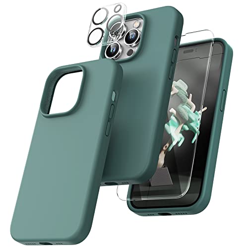 TOCOL [5 in 1 for iPhone 14 Pro Max Case, 2 Screen Protector + 2 Camera Lens Protector, Slim Liquid Silicone Phone Case iPhone 14 Pro Max 6.7 Inch, [Anti-Scratch] [Drop Protection], Midnight Green